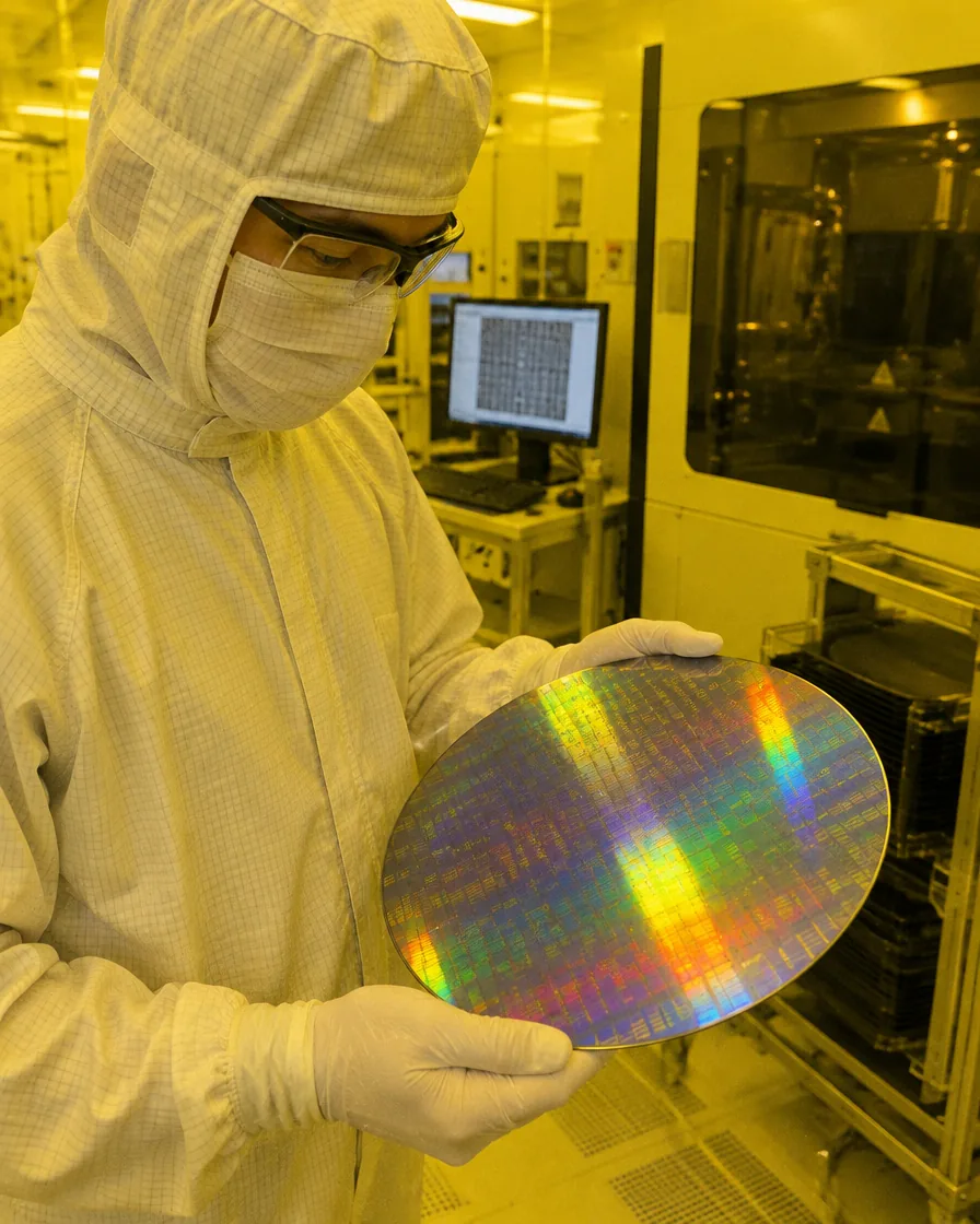 Researcher in a cleanroom with a nanostructured wafer