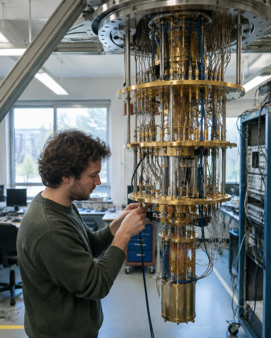 Dilution refrigerator being serviced in a quantum research laboratory