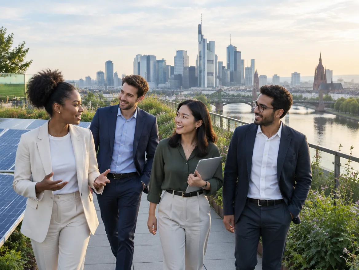 Colleagues on a rooftop terrace in Frankfurt